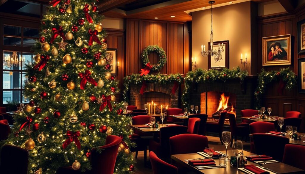 A cozy, festive restaurant interior with a warm, inviting atmosphere. The foreground features a beautifully decorated Christmas tree adorned with twinkling lights, ornaments, and garlands. Scattered around the tree are elegant table settings with red and green accents, plush velvet chairs, and a crackling fireplace in the background. The walls are lined with rustic wooden paneling, accented by framed holiday artwork and greenery. Soft, ambient lighting casts a gentle glow throughout the space, creating a charming, nostalgic ambiance. An overall feeling of togetherness, comfort, and holiday cheer permeates the scene.