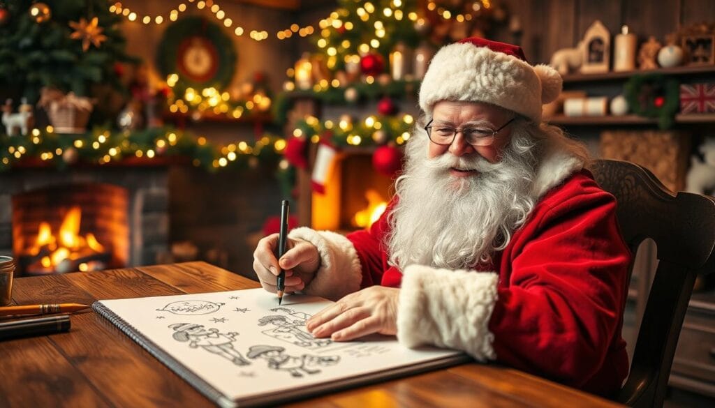A cozy, festive scene of Santa Claus sitting at a wooden desk, carefully sketching a whimsical Christmas illustration. The foreground shows Santa's hands holding a charcoal pencil, adding intricate details to a drawing on a large pad of paper. The middle ground reveals Santa's jolly face, with a warm smile and twinkling eyes, as he focuses intently on his creative work. The background depicts a richly decorated holiday interior, with a roaring fireplace, twinkling string lights, and shelves filled with Christmas trinkets. Soft, golden lighting casts a magical glow, evoking a sense of wonder and holiday cheer. The overall mood is one of peaceful inspiration, as Santa finds joy in crafting a unique piece of yuletide art.