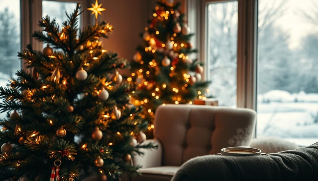 A cozy, festive scene of a pre-lit Christmas tree, its twinkling lights casting a warm, inviting glow. The tree stands in the foreground, its branches adorned with delicate ornaments and a subtle, glowing star topper. The middle ground features a plush, velvety armchair and a mug of steaming hot chocolate, inviting the viewer to relax and bask in the holiday ambiance. In the background, a bay window overlooks a snowy winter landscape, the soft illumination from the tree reflected in the frosty panes. The overall mood is one of comfort, cheer, and the magic of the holiday season.