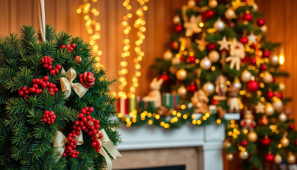 A cozy, festive scene of holiday decor elements against a warm, inviting backdrop. In the foreground, a lush, verdant Christmas wreath adorned with vibrant red berries, golden pinecones, and a delicate ribbon bow. In the middle ground, a set of twinkling fairy lights cascading down a mantelpiece, casting a soft, ambient glow. In the background, a large, richly decorated Christmas tree, its branches heavy with ornaments in a spectrum of colors and textures, from shimmering glass baubles to handcrafted wooden figurines. The overall atmosphere is one of holiday cheer and comfort, inviting the viewer to immerse themselves in the spirit of the season.
