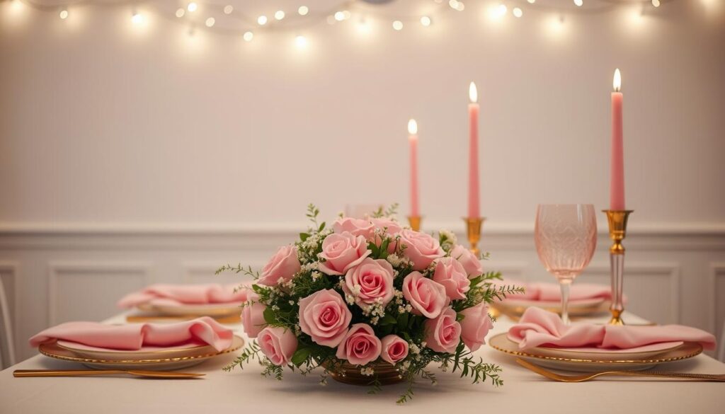 A cozy, festive table setting with a soft, pink color palette. In the foreground, a delicate floral centerpiece with pink roses, baby's breath, and greenery. Crisp white tablecloth, pink linen napkins, and vintage pink glass stemware. Elegant, gold-rimmed plates and flatware create a touch of sophistication. Twinkling string lights hang overhead, casting a warm, inviting glow. Tall, pink candles flicker gently, adding to the intimate ambiance. In the background, a neutral wall provides a clean, modern backdrop, allowing the pink accents to take center stage. Captured with a wide-angle lens to showcase the full table setting in detail.