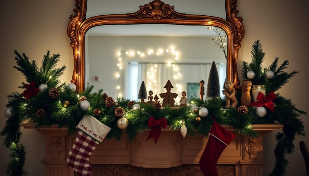 A cozy fireplace mantel dressed for the holidays, adorned with a lush garland of evergreens, pinecones, and twinkling fairy lights. Stockings in festive patterns hang from the mantelpiece, while a collection of carefully curated holiday trinkets, from delicate glass ornaments to rustic wooden figurines, create a warm, inviting display. The mantel is framed by a ornate, gilded mirror that reflects the soft, ambient lighting, casting a serene, nostalgic glow throughout the living space. The scene evokes a sense of holiday magic and family tradition, perfect for showcasing unique fireplace and mantel accents.