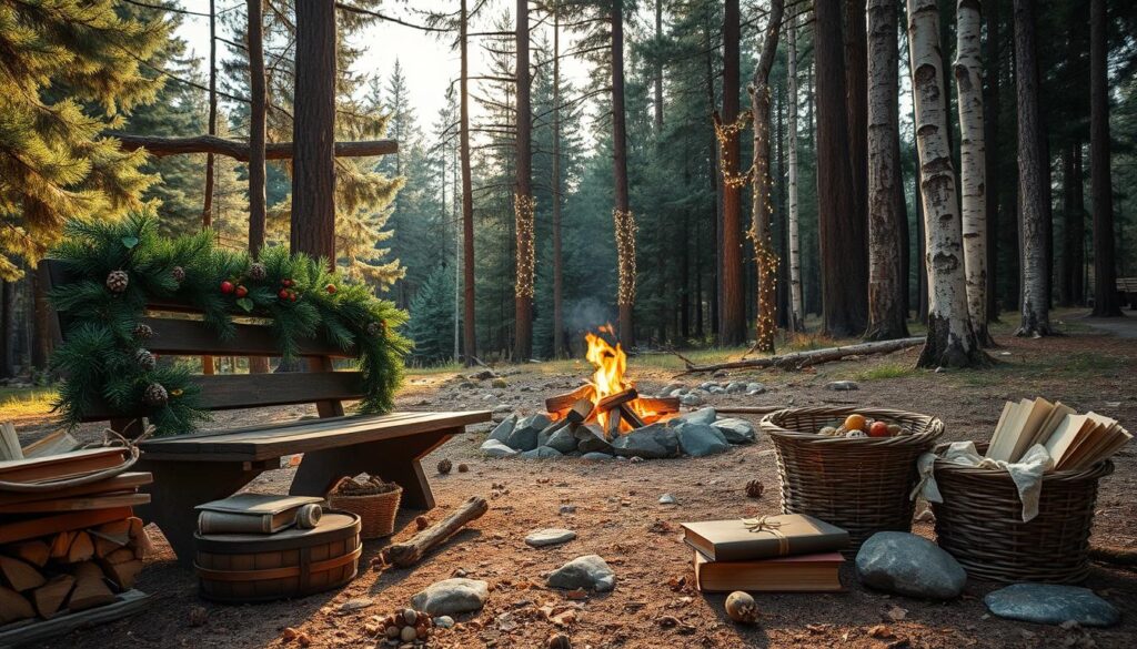 A cozy forest clearing, dappled with soft sunlight filtering through the evergreen boughs. In the foreground, a rustic wooden bench adorned with a natural garland of pine, holly, and pinecones. Scattered around are stacks of firewood, woven baskets filled with seasonal fruits and nuts, and a pair of worn, leather-bound books. In the middle ground, a crackling firepit surrounded by smooth river rocks, casting a warm glow onto the scene. Towering pines and birch trees form the background, their trunks wrapped in twinkling fairy lights. An atmosphere of serene, woodland tranquility pervades the image, inviting the viewer to pause and savor the simple pleasures of a natural holiday retreat.