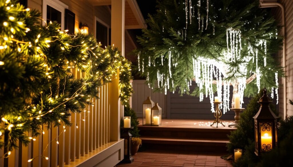 A cozy front patio adorned with a variety of festive lighting ideas. In the foreground, a garland of twinkling string lights draped over the patio railing, casting a warm glow. In the middle ground, ornate lanterns with flickering candles line the steps, creating a welcoming path. In the background, a lush evergreen tree is illuminated by cascading icicle lights, transforming the space into a winter wonderland. The lighting is soft and atmospheric, casting gentle shadows and highlighting the textures of the natural elements. The overall scene evokes a sense of holiday cheer and enchantment, inviting guests to linger and soak in the festive ambiance.