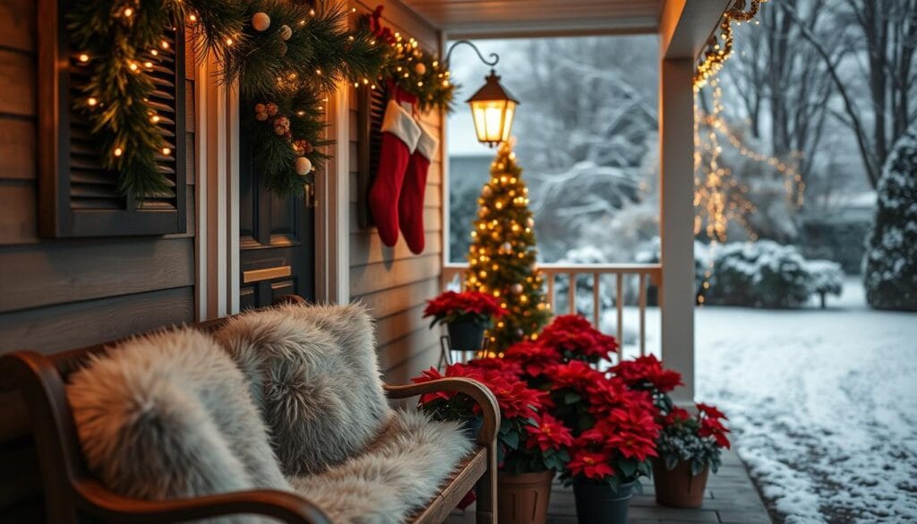 A cozy front porch adorned with twinkling string lights, a lush garland draped over the railing, and a pair of plush, oversized stockings hanging by the door. In the foreground, a wooden bench is covered in a plush, fur-lined cushion, inviting visitors to pause and admire the scene. The middle ground features a collection of potted poinsettias, their vibrant red blooms contrasting against the soft, snowy backdrop. In the distance, a dusting of snow covers the ground, creating a serene, winter wonderland atmosphere. Warm, golden lighting casts a glow over the entire composition, evoking a sense of holiday cheer and festive charm.