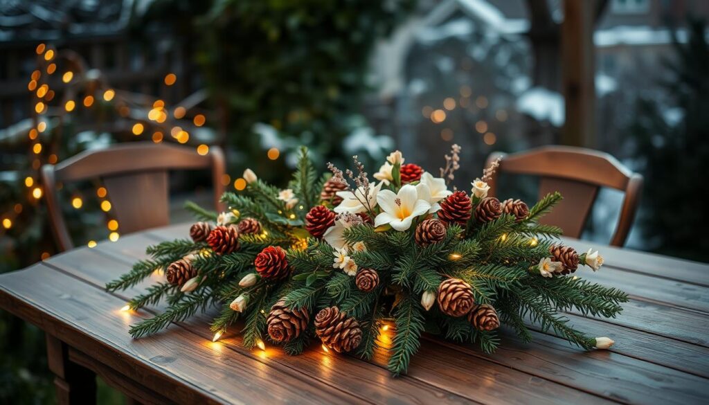 A cozy garden table adorned with a lush, seasonal centerpiece. In the foreground, an artful arrangement of fresh greenery, pinecones, and delicate holiday blooms, bathed in the soft glow of twinkling fairy lights. The middle ground features an elegant, wooden table with a weathered, rustic finish, set against a backdrop of verdant foliage and a glimpse of a snow-dusted winter landscape. The lighting is warm and inviting, creating a serene, intimate atmosphere perfect for a small backyard gathering. Captured with a wide-angle lens to showcase the harmonious composition and captivating details.