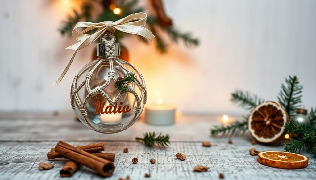 A cozy, handcrafted holiday scene featuring a personalized Christmas ornament made with natural materials. In the foreground, a delicate glass ornament is adorned with intricate macrame details, pine sprigs, and a soft ribbon hanger. The ornament is placed on a weathered wooden surface, surrounded by a scattering of cinnamon sticks, dried citrus slices, and festive evergreen sprigs. Soft, warm lighting illuminates the scene, casting a gentle glow and creating a inviting, homespun atmosphere. In the background, a neutral, textured wall provides a simple, natural backdrop, allowing the handcrafted ornament to take center stage.