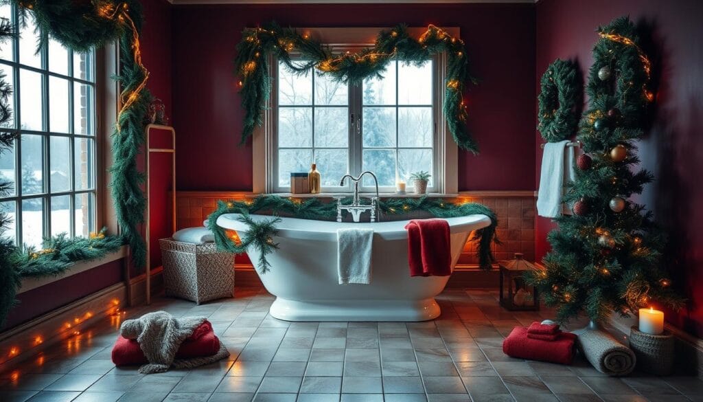 A cozy holiday bathroom, warm lighting casting a soft glow on the tiles. A freestanding tub takes center stage, surrounded by lush evergreen garlands and twinkling fairy lights. The walls are painted in a rich, jewel-toned hue, creating a luxurious, festive ambiance. Plush towels in complementary colors sit neatly folded, and a small, decorative tree stands in the corner, adorned with ornaments. The scene is framed by a large window, allowing natural light to filter in and accentuate the overall holiday atmosphere.