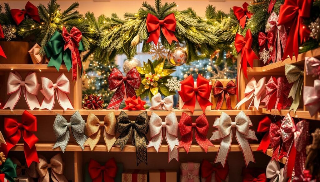 A cozy holiday boutique display featuring an assortment of beautifully crafted bows in a variety of festive colors and textures. The bows are arranged artfully on shelves, with the warm glow of string lights casting a soft, inviting ambiance throughout the space. The middle ground showcases the diverse bow designs, from classic red and green to shimmering metallics and plush velvets. In the background, a tasteful backdrop of holiday greenery and twinkling fairy lights creates a magical, enchanting atmosphere, drawing the viewer's eye to the stunning display of holiday decor.