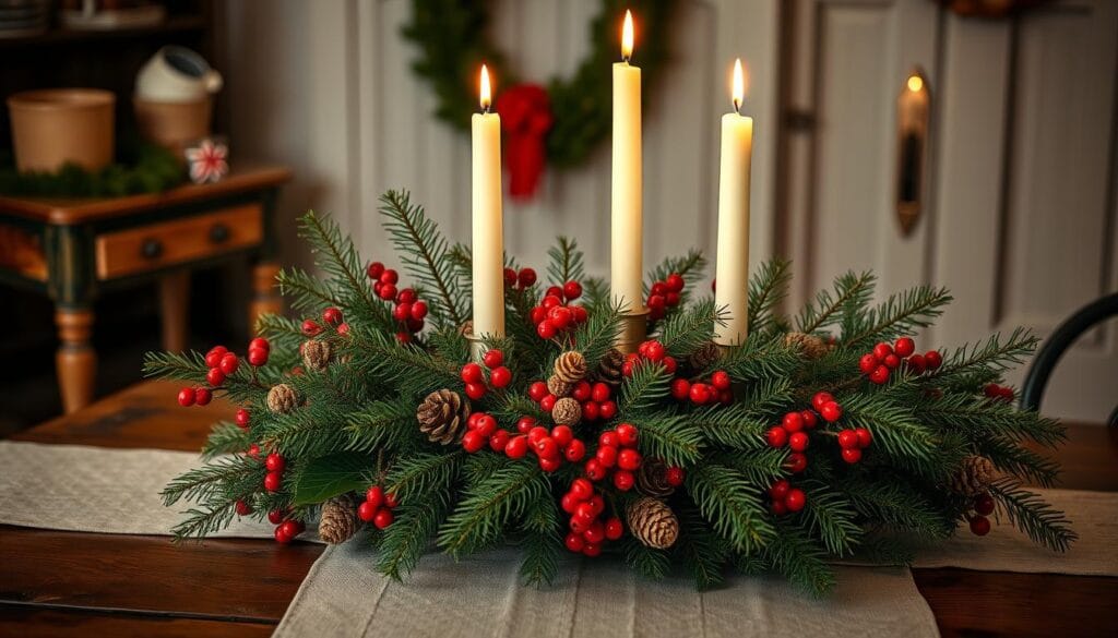 A cozy holiday centerpiece with a lush, natural arrangement of evergreen branches, pinecones, and festive red berries. The scene is bathed in warm, soft lighting from a trio of ivory taper candles standing tall in the middle of the table. The background features a vintage-style wooden table with a simple, neutral table runner that complements the natural elements. The overall mood is one of rustic elegance and seasonal cheer, creating a inviting atmosphere for a cozy holiday dinner.