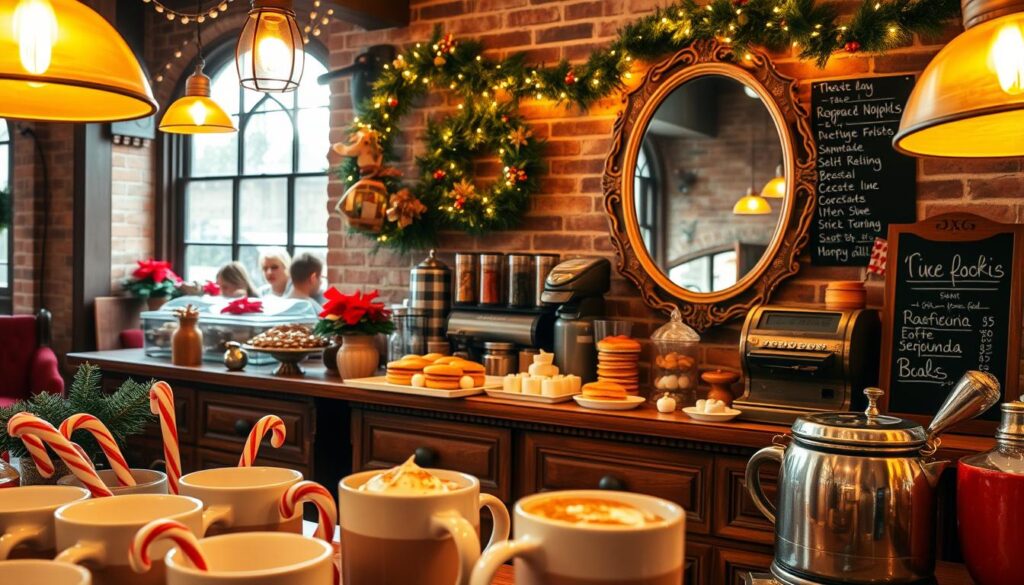 A cozy holiday coffee bar, bathed in warm, golden lighting from vintage lamps. The foreground features an assortment of festive mugs, candy canes, and a steaming hot cocoa topped with whipped cream and sprinkled with cinnamon. In the middle ground, a rustic wooden counter displays an array of Christmas-themed pastries and desserts, accompanied by a vintage cash register and a hand-lettered chalkboard menu. The background showcases a charming brick wall, adorned with string lights, garlands, and a large, ornate mirror reflecting the entire scene. The overall atmosphere is inviting, nostalgic, and radiates the spirit of the holiday season.