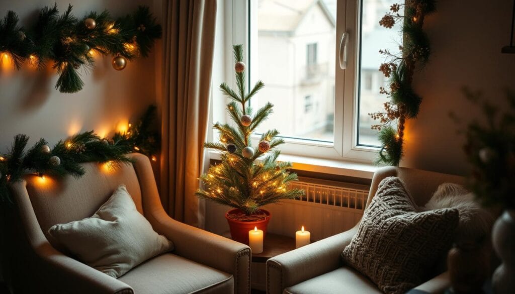 A cozy holiday display in a compact living space, with a small potted Christmas tree adorned with twinkling fairy lights, nestled between a pair of plush armchairs. Garlands of evergreen and dried botanicals cascade along the windowsill, casting a warm, inviting glow. Miniature ornaments and a single string of beads add festive charm, while a single candle flickers on a side table, illuminating the intimate scene. The lighting is soft and diffused, with a slight vignette effect to draw the eye inward. The overall atmosphere is one of understated elegance and holiday cheer, perfectly suited for a small apartment or studio.