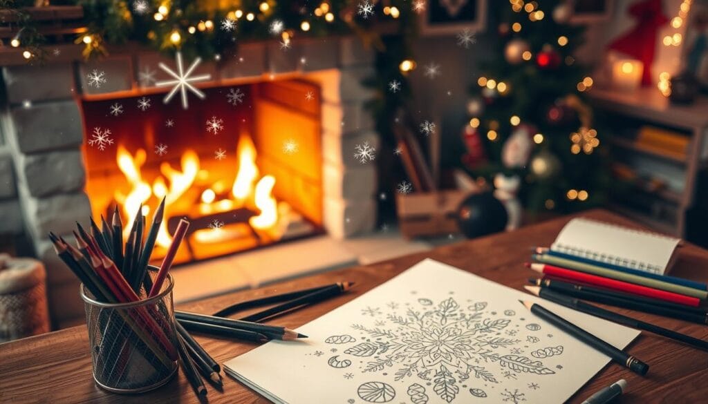 A cozy holiday drawing studio with a warm fireplace and twinkling lights. On the table, festive art supplies like colored pencils, brushes, and a sketchpad with a partially completed Christmas-themed illustration. Shimmering snowflakes dance through the air, casting a magical glow. Intricate patterns and whimsical holiday motifs come to life on the page, radiating a sense of joy and creativity. The scene is bathed in a soft, golden light, evoking a peaceful, inspirational atmosphere for crafting unique holiday decor ideas.