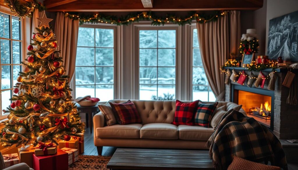 A cozy holiday home display, bathed in warm, soft lighting from delicate string lights and a crackling fireplace. In the foreground, a beautifully decorated Christmas tree adorned with twinkling ornaments, wrapped gifts, and a golden tree topper. In the middle ground, a plush, tufted sofa facing the fireplace, surrounded by plaid throws, festive pillows, and a rustic wooden coffee table. The background showcases a large bay window framing a snowy winter landscape, with a dusting of snow on the windowsill. The overall atmosphere is one of holiday cheer, comfort, and tranquility, creating a welcoming and festive scene for the holiday season.
