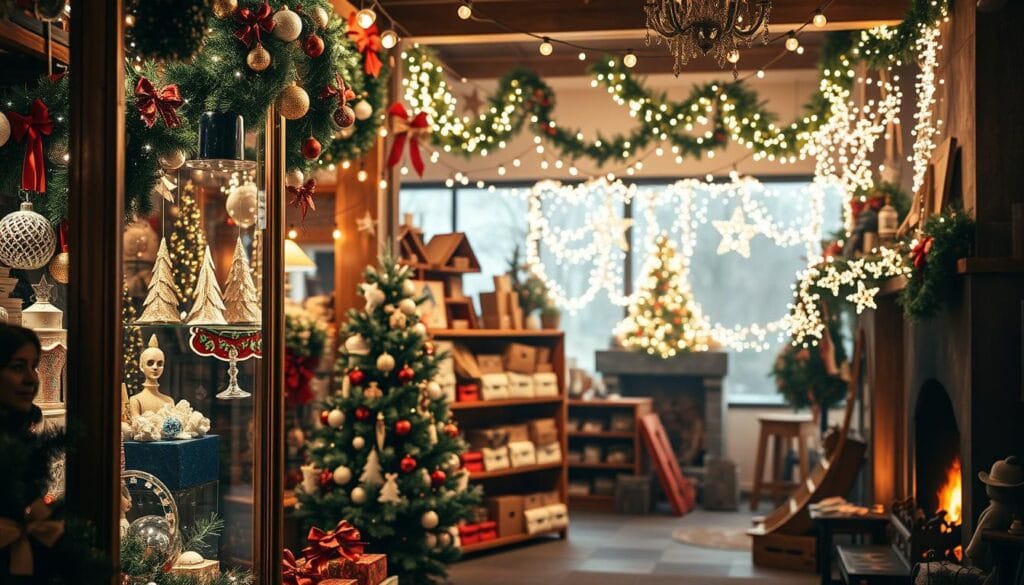 A cozy holiday retail atmosphere, with a warm glow from string lights illuminating a display of festive ornaments, garlands, and twinkling Christmas trees. The foreground features a large, beautifully decorated window showcase, inviting passersby to step inside. The middle ground showcases a wooden shelving unit displaying an array of unique, handcrafted gifts and decorations. In the background, a fireplace crackles, casting a soft, flickering light, while holiday music plays softly in the distance, creating a sense of enchantment and wonder. The overall scene exudes a magical, inviting atmosphere that captures the spirit of the holiday season.