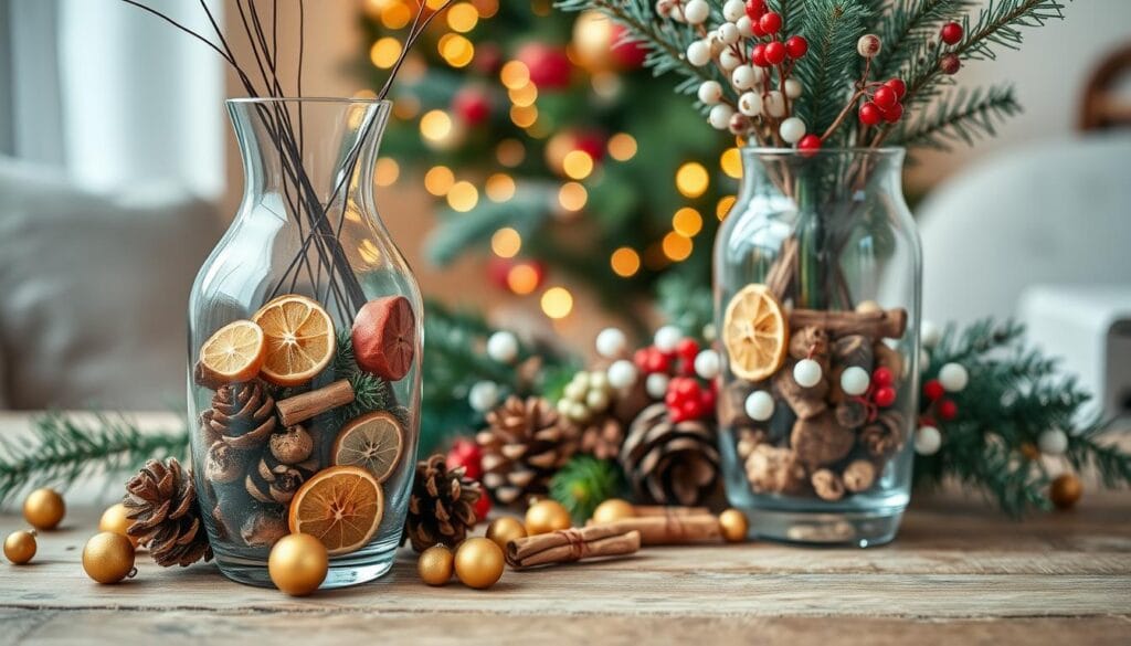 A cozy holiday scene featuring a clear glass vase filled with an array of festive and eclectic filler elements. In the foreground, the vase is placed on a wooden surface, surrounded by pinecones, dried citrus slices, and small golden ornaments. The middle ground showcases a scattering of evergreen sprigs, cinnamon sticks, and delicate white and red berries. In the background, a soft, warm lighting creates a comforting ambiance, lending a sense of hygge and holiday cheer. The composition is balanced and visually interesting, capturing the essence of a unique, personalized vase filler arrangement perfect for Christmas decor.
