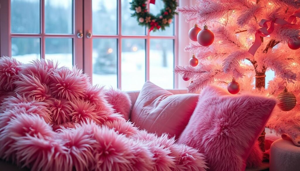 A cozy holiday scene featuring a luxurious pink faux fur throw, plush pink cushions, and a set of delicate pink Christmas ornaments hanging from a flocked pink Christmas tree. The soft, warm lighting casts a romantic glow, creating an intimate and inviting atmosphere. In the background, a hint of snowy landscape can be seen through a large window, adding to the winter wonderland feel. The overall aesthetic is one of opulent comfort and elegant holiday cheer, perfectly capturing the essence of the "Focusing on Pink Christmas Decorations & Linens" section.