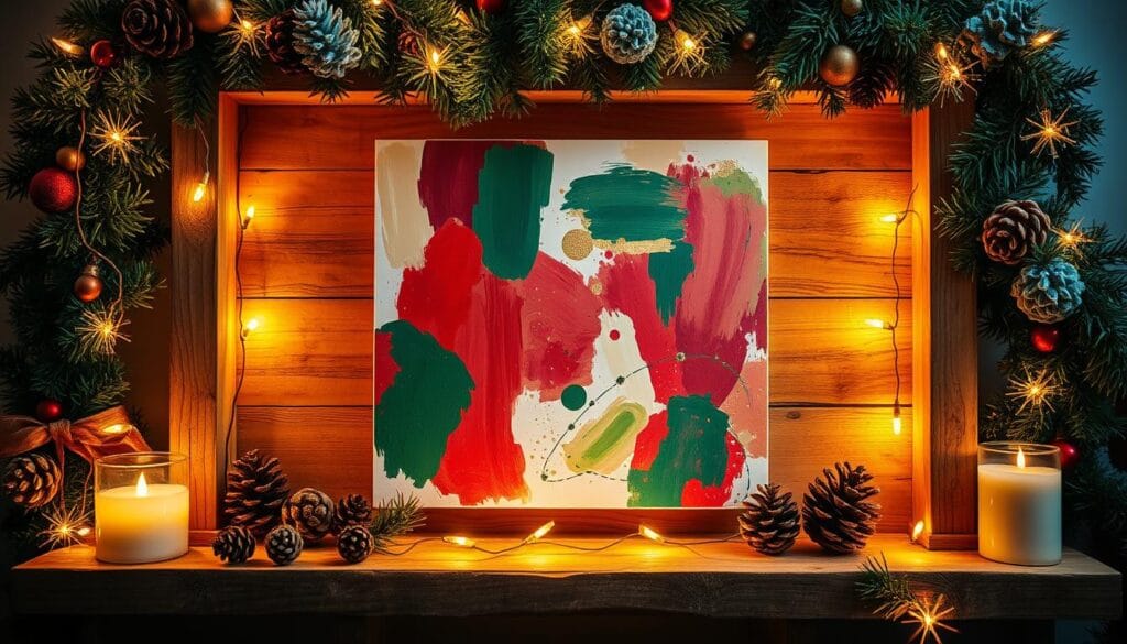 A cozy holiday scene with a rustic wooden frame adorned with festive garlands, pine cones, and twinkling fairy lights. In the center, a vibrant abstract painting featuring bold brushstrokes in shades of red, green, and gold, capturing the warmth and joy of the season. The lighting is soft and ambient, casting a golden glow throughout the composition. The image has a handcrafted, DIY aesthetic, perfect for adding a personal touch to any holiday decor.
