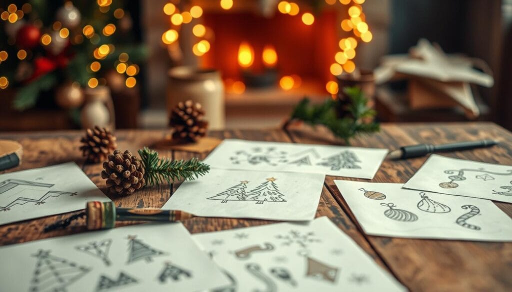 A cozy holiday scene with beginner-level holiday sketches scattered across a rustic wooden table. The sketches feature simple yet charming drawings of Christmas trees, snowflakes, ornaments, and other festive motifs, rendered in a whimsical, hand-drawn style with muted, earthy tones. Soft, warm lighting illuminates the table, creating a serene, inviting atmosphere. The background is blurred, placing the focus on the delightful holiday sketches in the foreground. The overall composition evokes a sense of creativity, festivity, and the joyful simplicity of the holiday season.