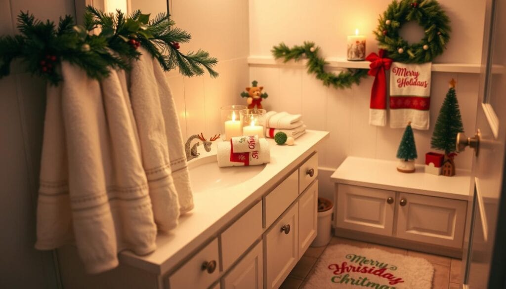 A cozy holiday-themed bathroom with plush towels, scented candles, and playful holiday accents. Soft, warm lighting creates a serene, festive atmosphere. The vanity is adorned with a garland of evergreen and holly, while a stack of holiday-themed hand towels and a ceramic reindeer figurine sit nearby. On the counter, a glass hurricane candle holder and a small Christmas tree decoration add to the festive charm. The tiled floor reflects the warm glow, and a fuzzy holiday bath mat completes the cozy, inviting scene.