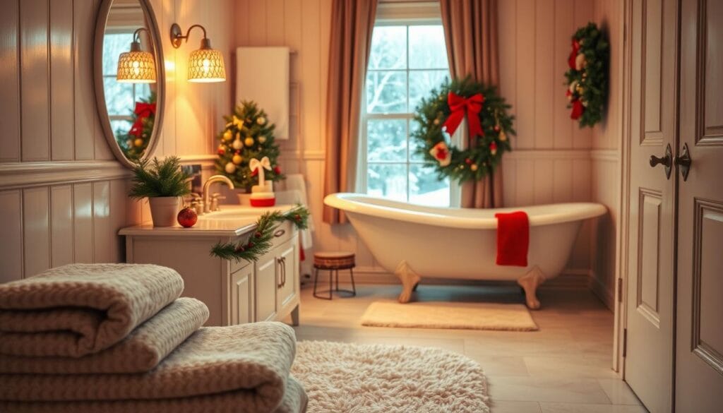 A cozy holiday-themed bathroom, with warm lighting casting a soft glow over coordinated decor. In the foreground, a plush bath mat and fluffy towels in complementary hues. Midground, a vanity adorned with a garland of evergreen and shimmering ornaments, reflecting in the mirror. In the background, a window frames a snowy winter landscape, while a classic claw-foot tub sits beneath, accented by a festive wreath. The overall atmosphere is one of tranquil, seasonal elegance, inviting the viewer to relax and enjoy the holiday spirit.