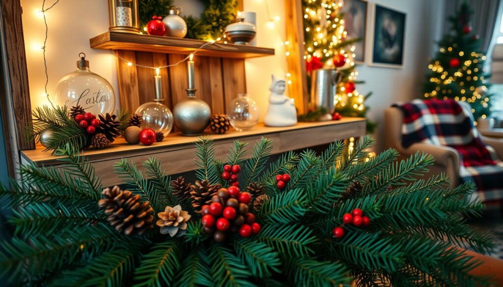 A cozy holiday-themed shelf, adorned with a mix of rustic and elegant decor. In the foreground, a cluster of pine branches, pinecones, and red berries create a lush, natural centerpiece. Midground features a weathered wooden shelf, holding an assortment of vintage-inspired glass ornaments, twinkling string lights, and a ceramic holiday figurine. The background showcases a warm, softly lit interior, with hints of a twinkling Christmas tree and a festive plaid blanket draped over a nearby armchair. The overall scene exudes a sense of hygge, inviting the viewer to pause and savor the holiday ambiance. Captured with a wide-angle lens, allowing for a balanced, harmonious composition.