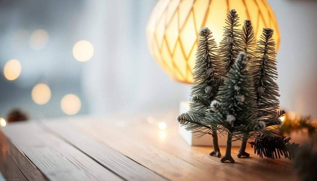 A cozy holiday vignette featuring a cluster of bottle brush trees atop a wooden table, illuminated by the soft glow of a handcrafted paper lantern. The lantern's warm light casts a comforting ambiance, complementing the textured surfaces and natural tones of the DIY decor. In the foreground, the miniature trees stand tall, their delicate branches adorned with a light dusting of snow. The middle ground showcases the intricately folded paper lantern, its simple geometric design casting intricate shadows. The background fades into a softly blurred, bokeh-like effect, emphasizing the intimate, festive mood. Captured with a wide aperture lens to create a shallow depth of field, this serene holiday tableau invites the viewer to cozy up and savor the enchanting DIY details.