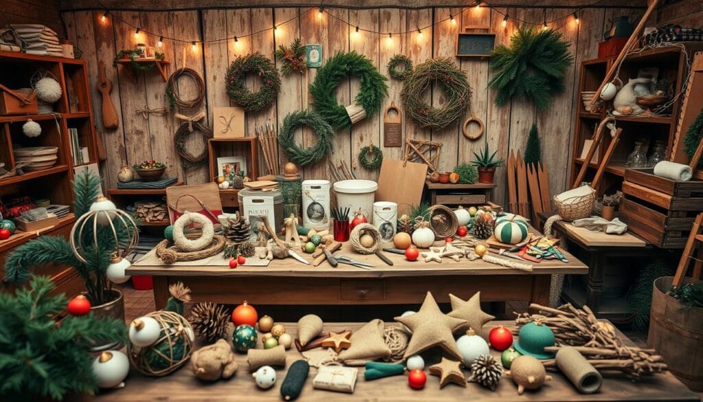 A cozy holiday workshop filled with a variety of handcrafted keepsakes, set against a warm, inviting backdrop. In the foreground, an assortment of DIY ornaments, wreaths, and other decorative items crafted from natural materials like pine, twigs, and felt. In the middle ground, a vintage wooden table overflows with tools, materials, and half-finished projects, conveying a sense of creative energy. The background features a rustic, weathered wall adorned with twinkling string lights, casting a soft, festive glow over the scene. The overall mood is one of homespun charm, inspiration, and the joy of holiday DIY.