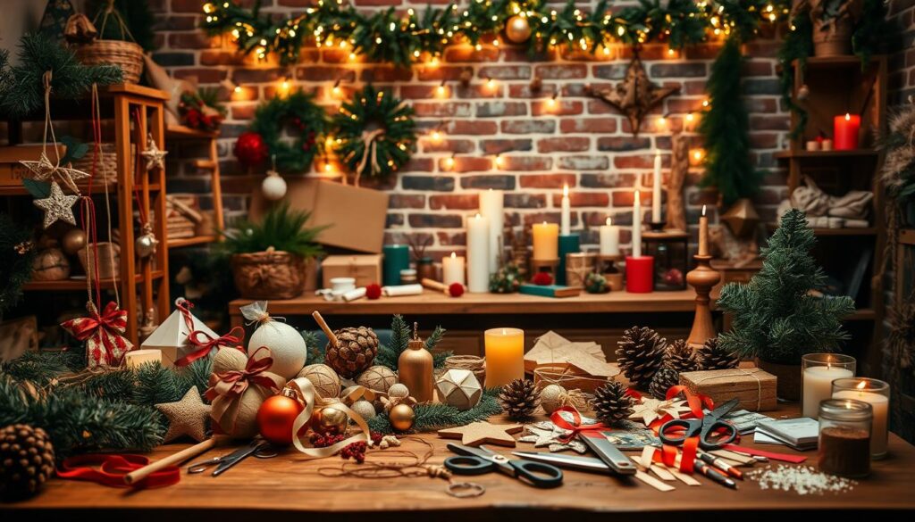 A cozy holiday workshop filled with festive DIY crafts. In the foreground, a collection of handmade ornaments, garlands, and candles in warm, earthy tones. In the middle ground, a wooden table overflows with craft supplies - scissors, ribbons, pinecones, and glitter. The background features a rustic brick wall, softly lit by twinkling string lights, creating a magical, intimate atmosphere. The scene evokes the joyful, homemade spirit of the holiday season, inspiring viewers to embrace their own DIY creativity.