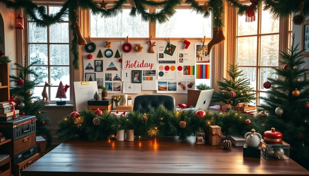 A cozy home office, overflowing with festive charm. A wooden desk in the foreground, adorned with a lush evergreen garland, twinkling lights, and an assortment of Christmas trinkets. In the middle ground, a vision board displays holiday design sketches and color palettes, surrounded by inspirational photographs and decorative elements. The background features a large window, flooding the space with warm, golden light and offering a glimpse of a snow-covered winter landscape beyond. The overall mood is one of creativity, anticipation, and the joyful spirit of the holiday season.