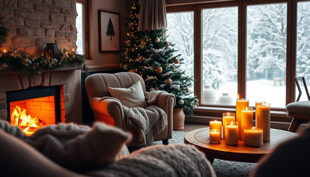 A cozy, hygge-inspired winter scene. In the foreground, a plush, overstuffed armchair sits next to a crackling fireplace, illuminating the room with a warm, amber glow. Soft, knitted throws and pillows invite you to sink in and relax. In the middle ground, a wooden coffee table is adorned with a cluster of lit candles, their gentle flames flickering. In the background, a large window looks out onto a snowy landscape, the soft white flakes drifting down peacefully. The overall atmosphere is one of serene comfort, inviting you to slow down, unwind, and savor the simple pleasures of a hygge-filled winter.