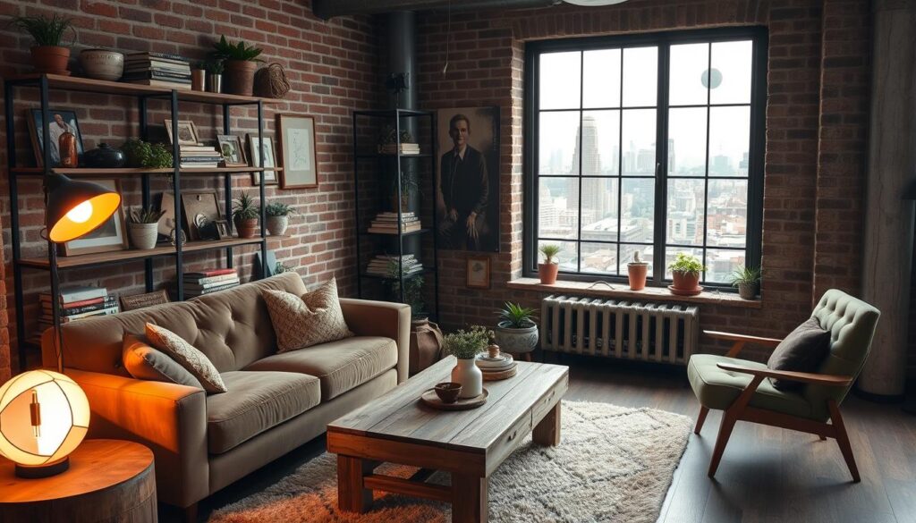 A cozy industrial-style living room with a plush velvet sofa, weathered wood coffee table, and exposed brick walls. Soft lighting from a vintage floor lamp casts a warm glow, while a large window overlooking a bustling city skyline provides natural illumination. Rustic metal shelves display an eclectic mix of potted plants, vintage books, and artisanal decor. The room has a lived-in, inviting atmosphere, blending modern and industrial elements seamlessly. A mid-century modern armchair and a plush rug complete the space, creating a harmonious and comfortable retreat.