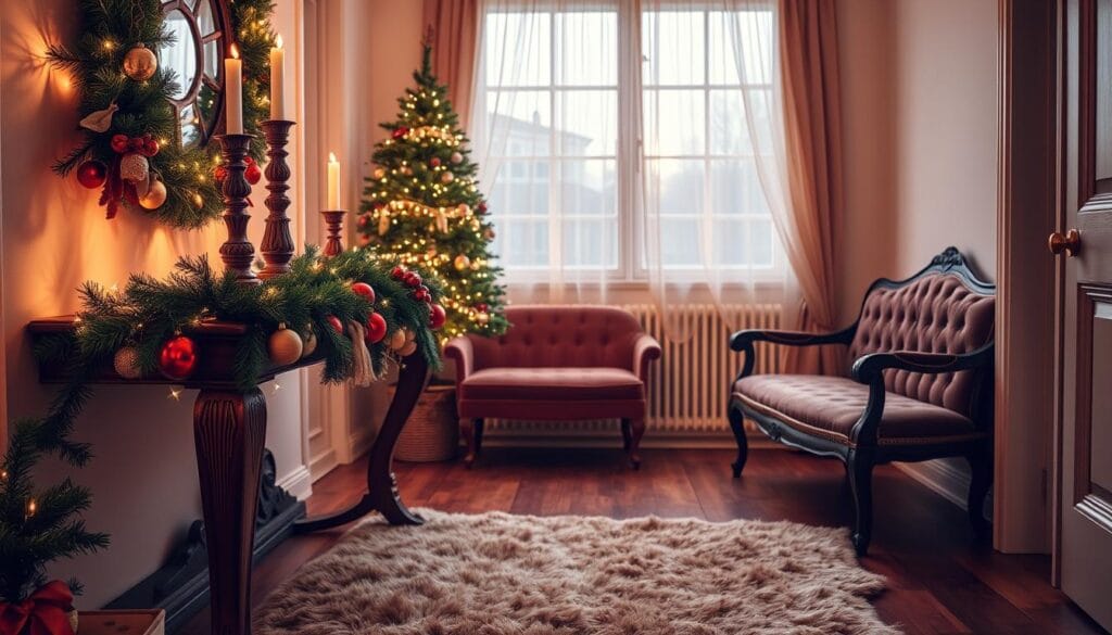 A cozy, inviting Christmas entryway with a warm, soft glow. In the foreground, an ornate wooden console table adorned with a lush evergreen garland, twinkling string lights, and clusters of red and gold ornaments. Atop the table, a pair of carved wooden candlesticks casting a gentle, flickering light. In the middle ground, a plush, faux-fur rug in an earthy tone, leading the eye towards the background. There, a vintage-inspired bench with a tufted velvet cushion, nestled beneath a large window framed by sheer curtains, allowing the glow of dusk to filter in. The entire scene is bathed in a soft, inviting ambiance, creating a welcoming atmosphere for holiday guests.