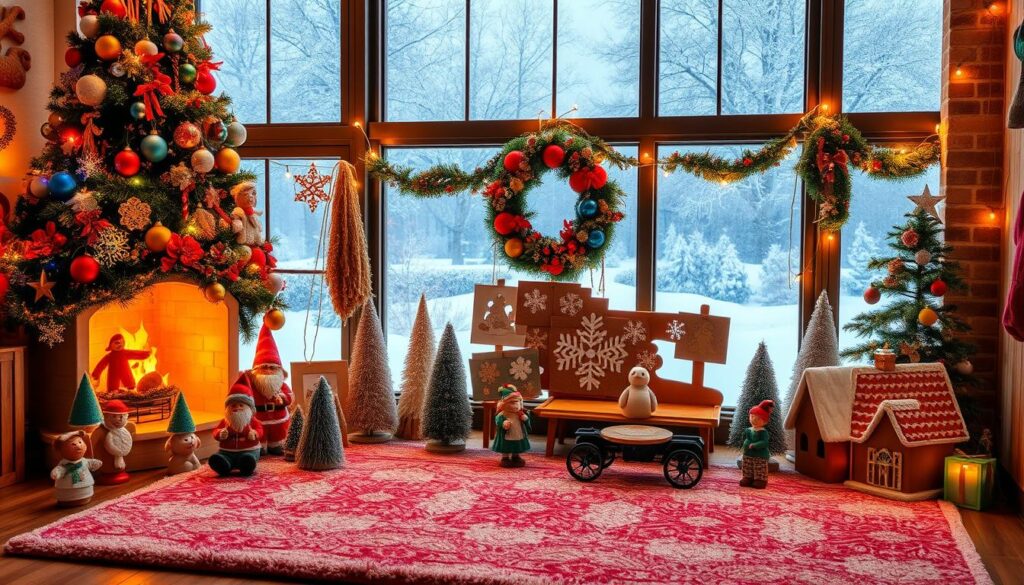 A cozy, kid-friendly holiday decor zone featuring a vibrant Christmas tree adorned with colorful ornaments, garlands, and twinkling lights. In the foreground, a plush rug with festive patterns and a selection of whimsical holiday figurines arranged around a warm fireplace. The middle ground showcases a display of handmade holiday crafts, including paper snowflakes, salt dough ornaments, and a gingerbread house. The background depicts a snowy winter landscape visible through large, frost-covered windows, bathed in a soft, golden glow from strategically placed string lights. The overall atmosphere is one of joyful, imaginative celebration, inviting children to engage and interact with the enchanting holiday scene.