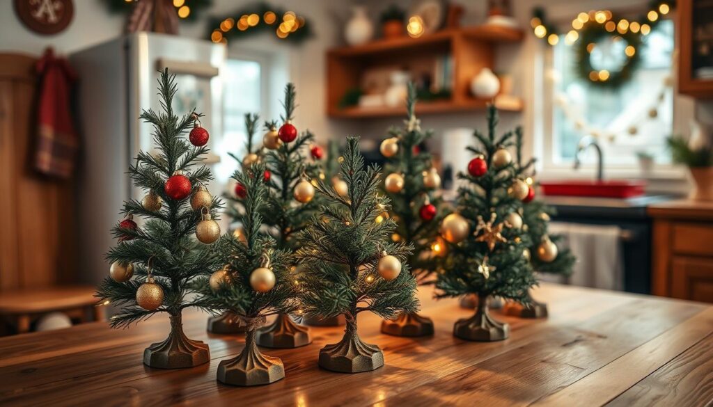 A cozy kitchen adorned with a cluster of mini Christmas trees, their branches laden with delicate ornaments in a variety of festive hues. The trees are positioned on a sturdy wooden table, their lights gently twinkling against the warm, inviting atmosphere. The scene is illuminated by a soft, diffused lighting that casts a gentle glow, creating a welcoming and cheerful ambiance. The camera angle captures the trees from a slightly elevated perspective, showcasing their charming, diminutive scale and the attention to detail in their decoration. This enchanting tableau invites the viewer to embrace the joyful spirit of the holiday season and incorporate these whimsical mini trees into their own kitchen Christmas decor.
