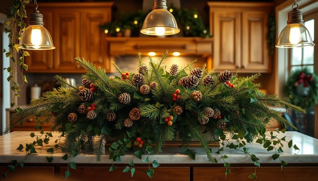 A cozy kitchen counter adorned with lush, fragrant holiday greenery. A centerpiece of freshly cut evergreen boughs, pine cones, and sprigs of holly, bathed in warm, soft lighting from overhead pendant lamps. Trailing vines of ivy cascade down the sides, creating a welcoming, festive atmosphere. The scene is captured through a wide-angle lens, emphasizing the inviting, homey feel of the space. The image conveys a sense of seasonal comfort and cheer, perfect for setting the mood in a holiday-themed kitchen.