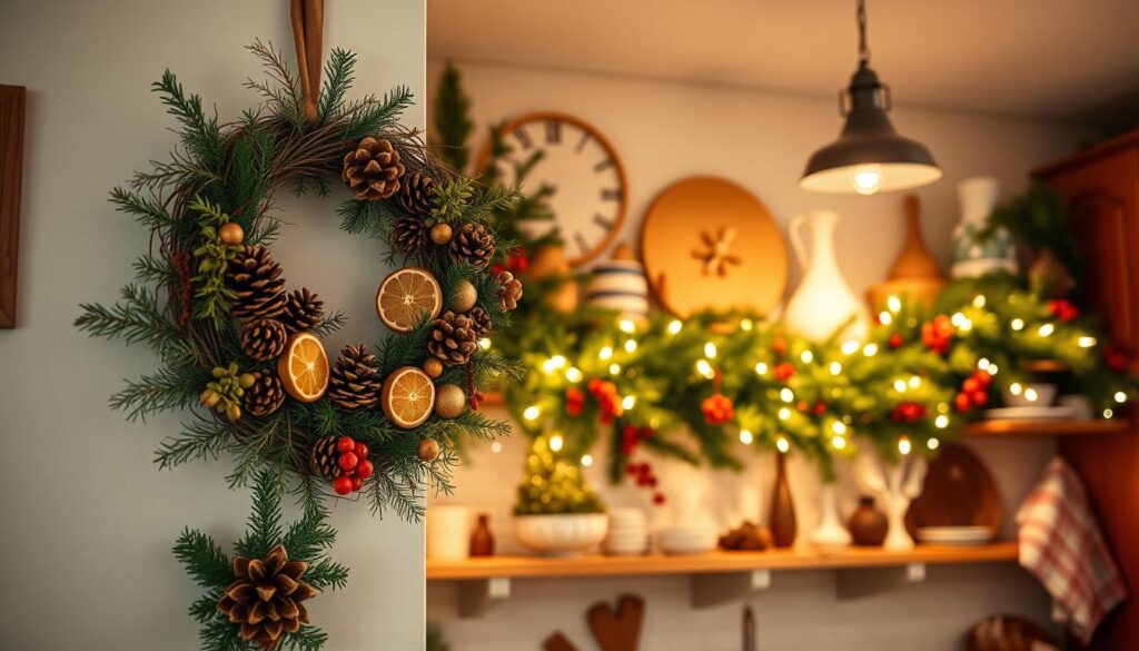 A cozy kitchen filled with an array of handcrafted Christmas decor. In the foreground, a rustic wreath adorned with pinecones, dried citrus slices, and sprigs of fresh greenery hangs on the wall. In the middle ground, a garland of evergreen boughs, red berries, and twinkling fairy lights cascades across the wooden kitchen shelves. Soft, warm lighting from overhead fixtures bathes the scene in a festive glow, highlighting the natural textures and homemade charm of the DIY decorations. The overall atmosphere is one of warmth, coziness, and holiday cheer, perfectly capturing the essence of a festive kitchen.