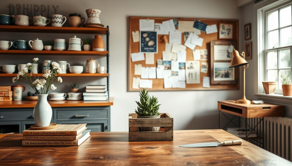 A cozy kitchen filled with budget-friendly decor ideas. In the foreground, a rustic wooden table adorned with a simple vase of fresh flowers and a stack of vintage-inspired cookbooks. On the shelves, an array of mismatched ceramic mugs and jars, each with its own unique charm. The middle ground showcases a repurposed wooden crate doubling as a side table, topped with a potted succulent and a tarnished brass lamp. In the background, a bulletin board covered in handwritten recipe cards and DIY artwork, bathed in warm, natural lighting from a large window. The overall atmosphere is one of homey, inviting simplicity, showcasing how thoughtful, low-cost solutions can transform a kitchen into a charming, personalized space.