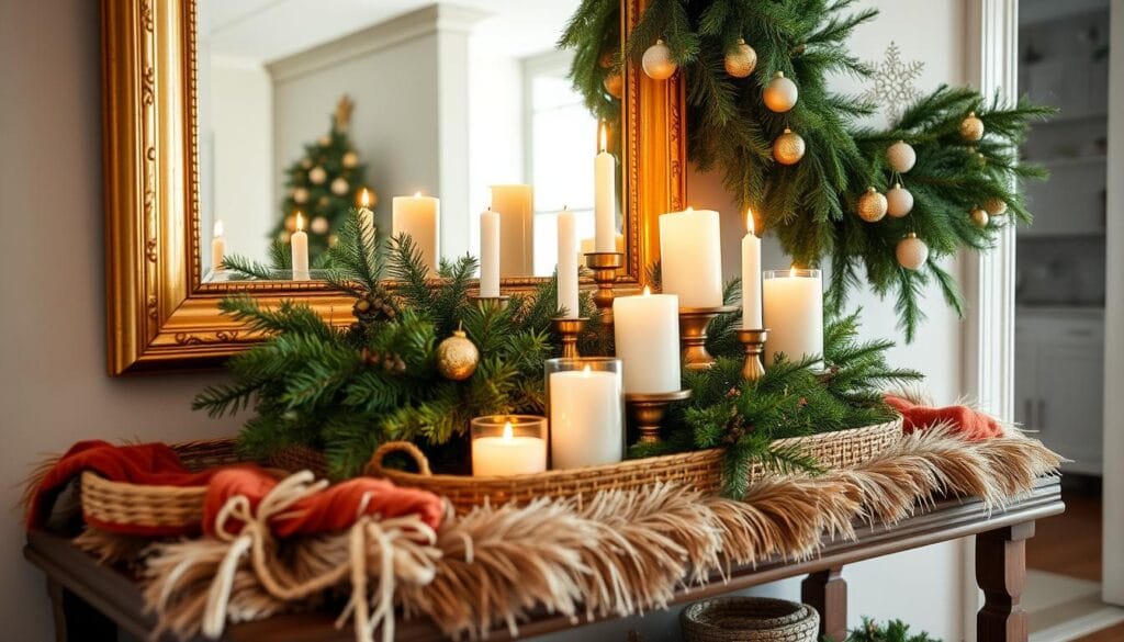 A cozy, layered Christmas display on an entrance table. In the foreground, a variety of textures - a plush velvet tree skirt, a woven rattan tray, and a gilded mirror frame. In the middle, an assortment of candles in varying heights and finishes, their warm glow casting a soft, inviting light. In the background, a lush evergreen garland cascades over the table's edge, its verdant boughs punctuated by delicate glass ornaments that catch the light. The overall scene has a rustic, yet refined atmosphere, creating a dynamic and visually engaging holiday vignette.