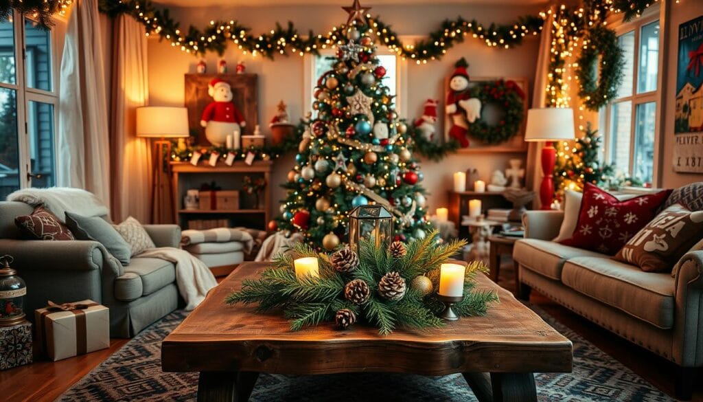 A cozy living room adorned with a plethora of festive decor. In the foreground, a well-decorated Christmas tree stands tall, its branches laden with twinkling lights and ornaments that catch the warm glow of the room. Surrounding the tree, an assortment of holiday-themed throw pillows, garlands, and candles create a cohesive and inviting atmosphere. In the middle ground, a rustic wooden coffee table is topped with a stunning centerpiece, featuring a mix of evergreen sprigs, pine cones, and a touch of metallic accents. The background is filled with warm, ambient lighting, casting a soft, magical ambiance throughout the space. The overall scene exudes a sense of holiday cheer and creative flair, perfectly capturing the essence of "Christmas decor ideas living room".