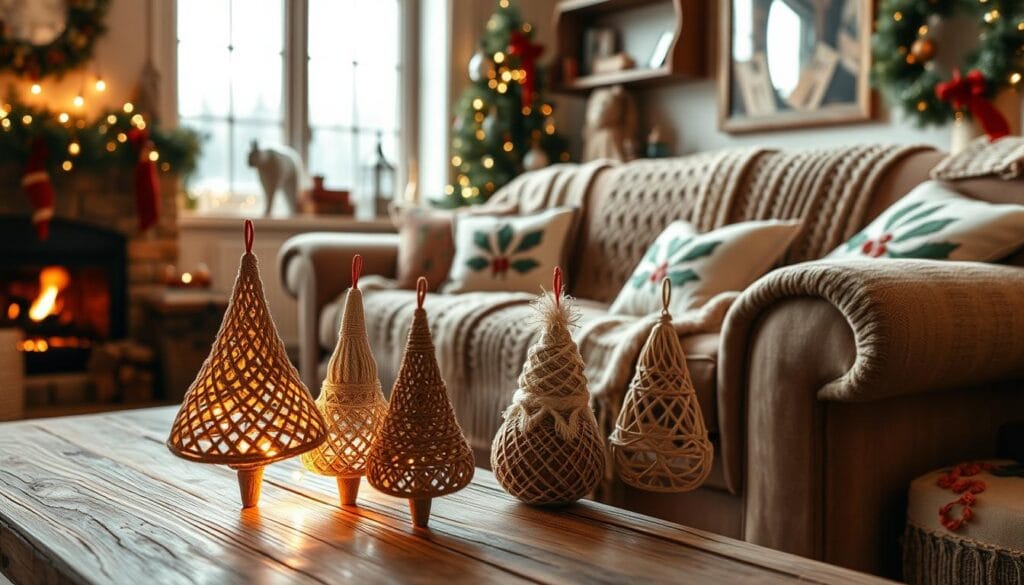 A cozy living room adorned with an array of festive handmade crafts. In the foreground, a rustic wooden table showcases a collection of intricately woven Christmas tree ornaments, their intricate patterns catching the warm glow of a nearby fireplace. In the middle ground, a plush sofa is draped with a knitted holiday-themed blanket, complemented by a set of decorative pillows embroidered with holly leaves and berries. The background features a large window, allowing natural light to stream in and illuminate the scene, casting a soft, magical ambiance throughout the space. The overall atmosphere is one of homespun charm and seasonal cheer, inviting the viewer to imagine curling up and enjoying the tranquility of a handmade holiday haven.