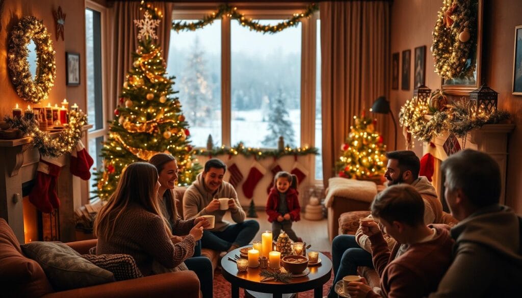 A cozy living room adorned with twinkling lights, a crackling fireplace, and a beautifully decorated Christmas tree. In the foreground, a family gathers around, sharing laughter and warm mugs of hot cocoa. The middle ground features meticulously arranged holiday trinkets, stockings, and garlands, while the background is a hazy, soft-focus winter landscape seen through a large window. Warm, golden lighting creates a inviting, nostalgic atmosphere, capturing the essence of cherished holiday traditions.