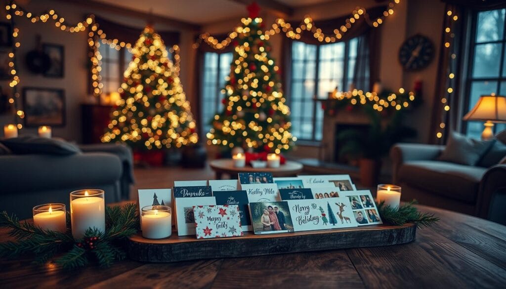 A cozy living room, adorned with twinkling lights and a festive Christmas tree, takes center stage. Atop a rustic wooden table, an elegant display of cherished holiday cards, carefully arranged in a visually striking pattern. Votive candles flicker softly, casting a warm, inviting glow, while sprigs of holly and spruce add a touch of natural beauty. The scene is captured through a wide-angle lens, with a shallow depth of field that emphasizes the focal point of the card display. The overall mood is one of tradition, nostalgia, and a sense of holiday cheer that radiates throughout the space.