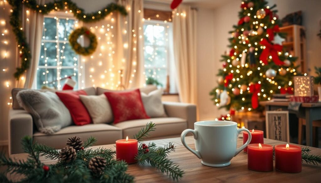 A cozy living room adorned with twinkling string lights, plush red and green throw pillows, and a large, beautifully decorated Christmas tree in the corner. Soft, warm lighting illuminates an assortment of handmade holiday decorations - pinecone garlands, felt stockings, and a wooden advent calendar. In the foreground, a table is set with fresh pine sprigs, red candles, and a steaming mug of hot cocoa, creating a serene, festive atmosphere. The scene is captured from a wide, low angle, showcasing the inviting, intimate space and the careful attention to holiday styling details.