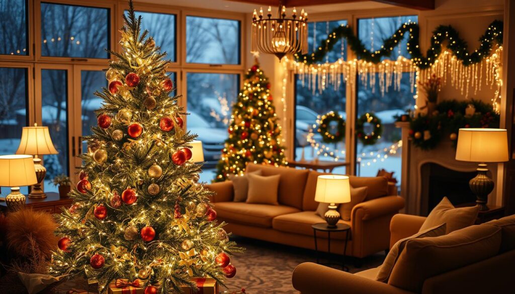A cozy living room bathed in the warm glow of twinkling holiday lights. In the foreground, a beautifully decorated Christmas tree, its branches laden with sparkling ornaments and wrapped in a cascade of twinkling fairy lights. Surrounding the tree, an array of stylish table lamps, floor lamps, and string lights create a harmonious ambiance. In the middle ground, plush sofas and armchairs are accented by the soft illumination, inviting guests to relax and savor the festive atmosphere. The background features large windows overlooking a snow-covered outdoor scene, with icicle lights and garlands adorning the exterior. The overall mood is one of enchantment, elegance, and the spirit of the holidays.