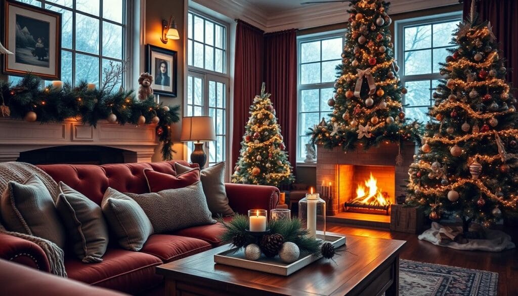 A cozy living room bathed in warm, inviting lighting. In the foreground, a plush velvet sofa adorned with festive throw pillows and a cozy blanket. A crackling fireplace casts a soft glow, with a mantel decorated with lush garlands and twinkling string lights. On the coffee table, a vintage-inspired centerpiece featuring candles, pinecones, and delicate glass ornaments. The walls are adorned with framed holiday artwork, while a towering Christmas tree shimmers in the corner, its branches laden with sparkling ornaments. Large windows offer a view of a gently falling snow, completing the serene, winter wonderland atmosphere.