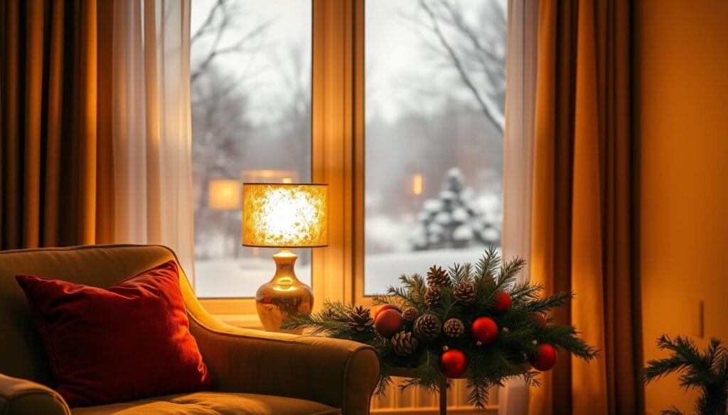 A cozy living room corner bathed in warm, golden light. In the foreground, a plush velvet armchair in sage green, adorned with a cranberry-colored throw pillow. In the middle ground, a side table with a glimmering gold-leafed lamp, casting a soft glow. Behind, a large window framed by sheer curtains, revealing a winter landscape in muted tones. Clustered around the lamp, an arrangement of pinecones, evergreen sprigs, and a few cranberry-hued ornaments, creating a festive, nature-inspired tableau. Soft, diffused lighting filters through the scene, enveloping the space in a welcoming, intimate atmosphere.