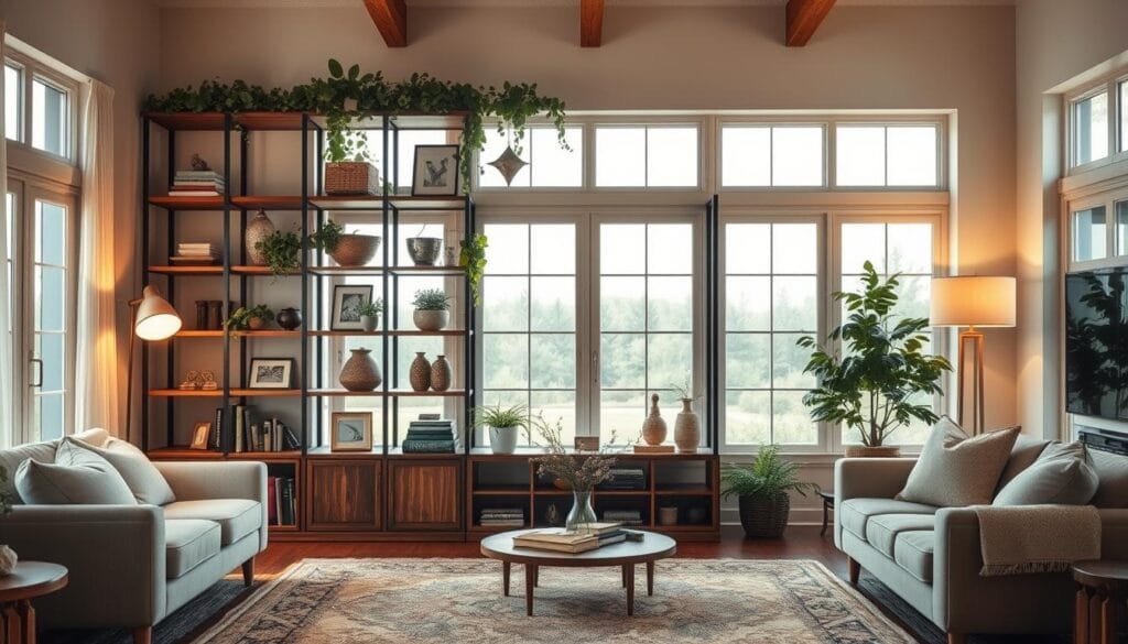 A cozy living room featuring a stunning DIY custom decor centerpiece. The focal point is a meticulously crafted wooden shelving unit, adorned with lush greenery, antique accents, and personalized knick-knacks. Warm, diffused lighting from sconces and a floor lamp creates a welcoming ambiance, complemented by textured rugs and plush seating. In the background, large windows allow natural light to flood the space, creating a sense of airiness and openness. The overall aesthetic is a harmonious blend of rustic charm and modern elegance, perfectly capturing the essence of an innovative living room transformation.