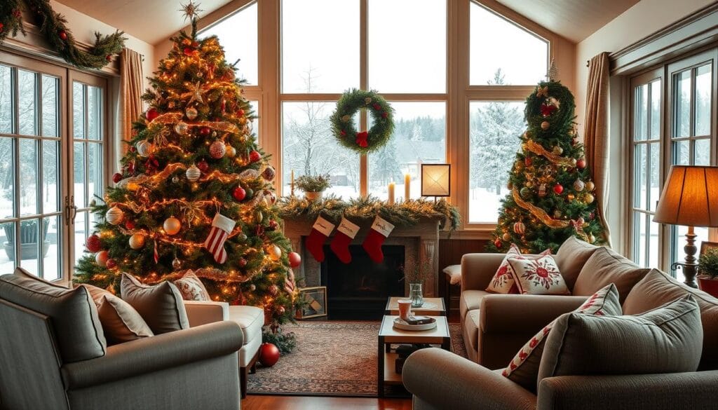A cozy living room filled with traditional Christmas decor. In the foreground, a beautifully decorated Christmas tree adorned with twinkling lights, ornaments, and garlands. Surrounding the tree, plush armchairs and a comfy sofa invite guests to relax and admire the festive scene. In the middle ground, a fireplace mantel is adorned with stockings, candles, and evergreen wreaths, casting a warm, golden glow. The background features a large window overlooking a snowy winter landscape, allowing the natural light to filter in and create a serene, inviting atmosphere. The overall mood is one of comfort, nostalgia, and holiday cheer.