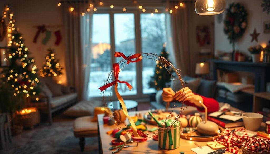 A cozy living room filled with twinkling fairy lights, a handcrafted DIY wreath on the wall, and a table overflowing with colorful crafts and supplies. In the foreground, a pair of nimble hands carefully weaves ribbon through a wire frame, a look of focused determination on the crafter's face. Soft, warm lighting illuminates the scene, casting a festive glow. In the background, a large window looks out onto a snowy winter landscape, adding to the intimate, homey atmosphere. This is a tranquil, inviting space that embodies the joy and creativity of a "Festive DIY Journey".